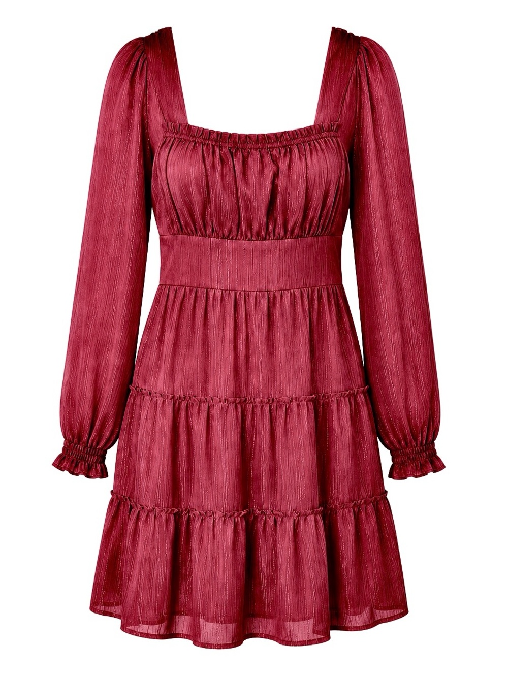 Altar’d State | Burgundy Tiered Square-Neck Sparkly Long-Sleeve Mini-Dress  | M